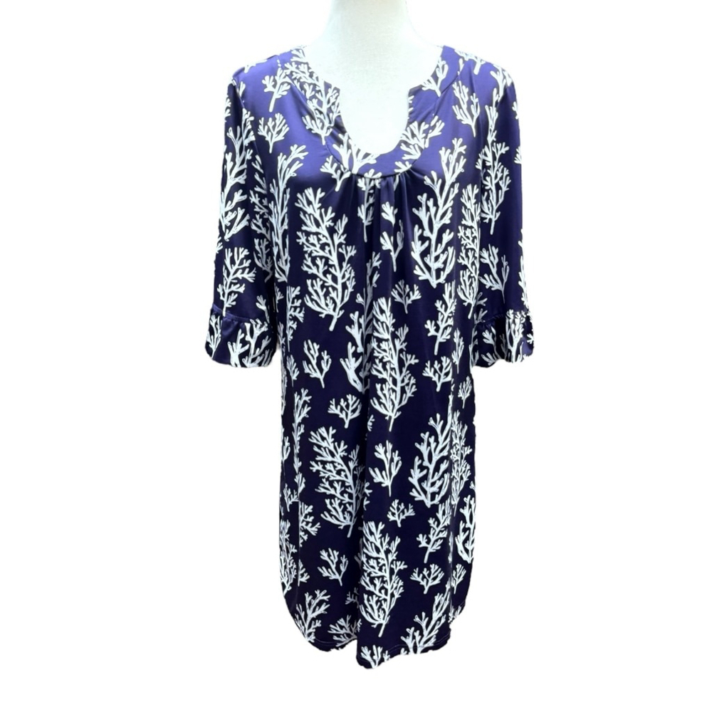 Top it Off Navy Coral Tunic Dress L Cover Up Resort Poolside Coastal Style - Picture 8 of 8